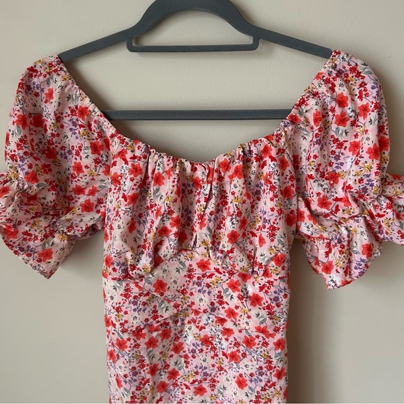 SHEIN Pink Red Floral Off-Shoulder Puff Sleeve Mini Sundress Women’s Size Small - Picture 5 of 10